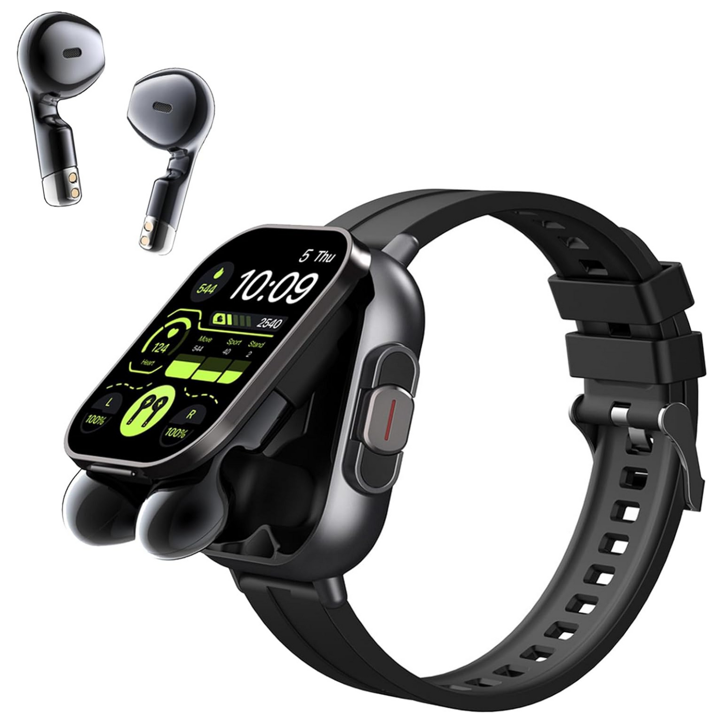 Black smartwatch with earbuds on a white background