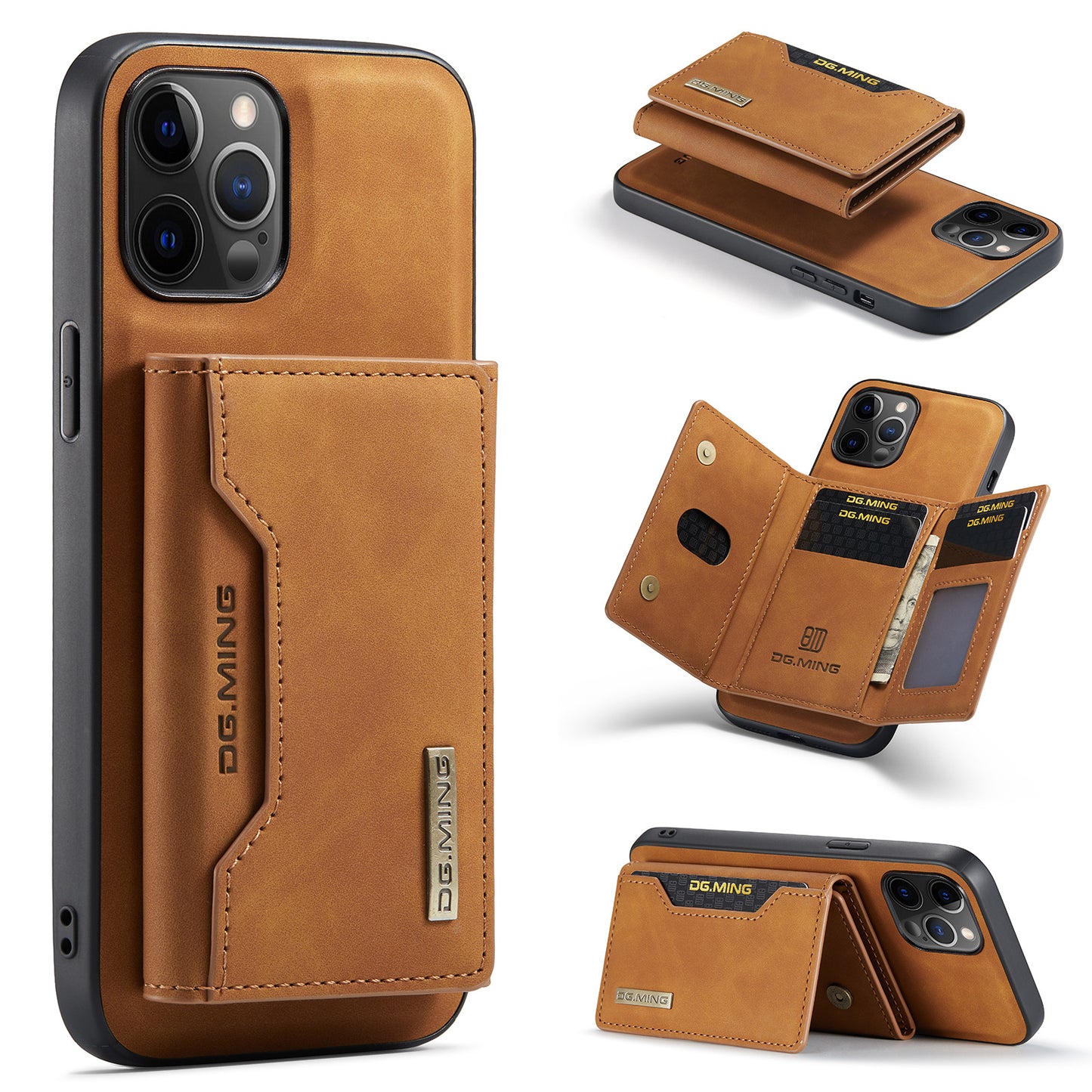 Brown phone case with card holder and DG.MING branding on a white background
