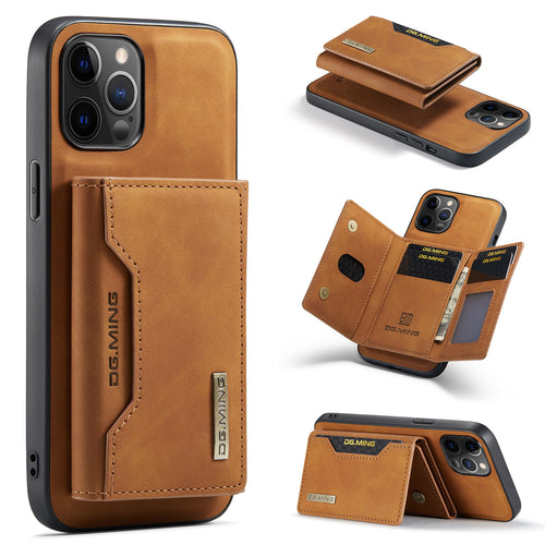 Brown phone case with card holder and DG.MING branding on a white background