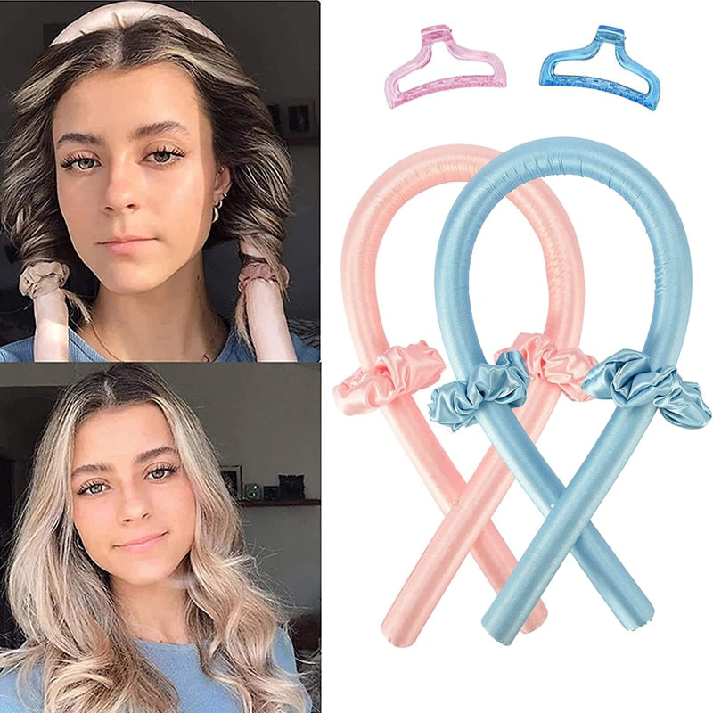 Collage of a woman with styled hair and pink and blue hair rollers.